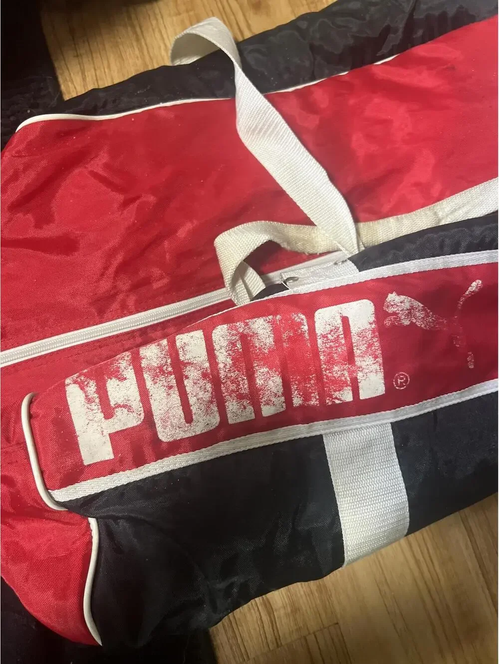Vintage Puma Red and Black Duffel Bag with White Straps